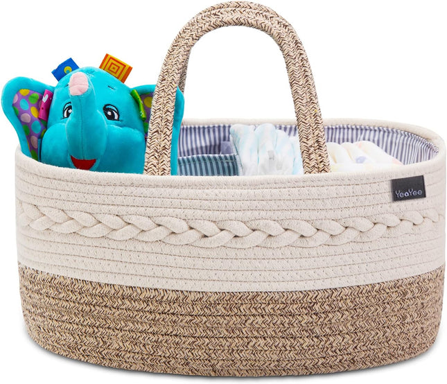Baby Diaper Caddy Organizer – Portable Cotton Woven Basket, Adjustable Compartments
