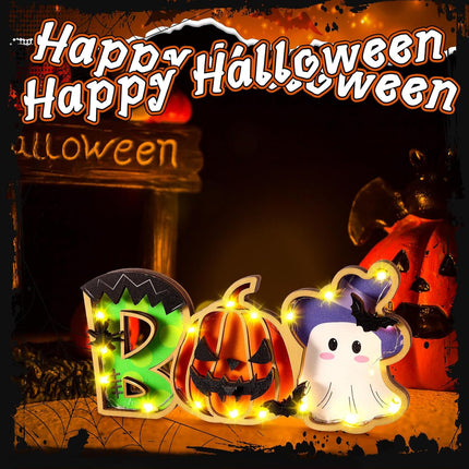 5x10in Lighted BOO Halloween Sign, Battery-Operated LED Pumpkin & Ghost Table Decor