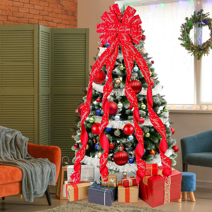 Christmas Tree Topper Bow – 52" x 13" Wreath Decoration with Letter Patterned Ribbon