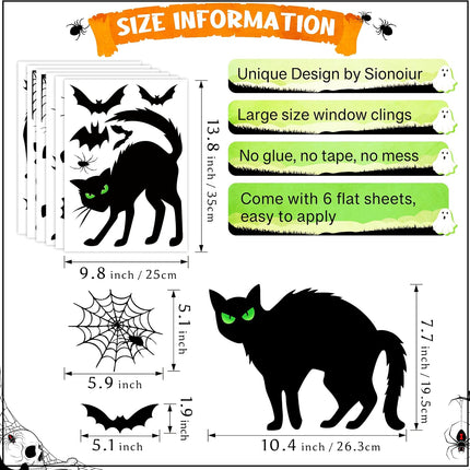 6-Sheet Halloween Black Cat Window Clings, Bat & Spider Web Silhouette Decals