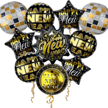 10-Piece Happy New Year 2026 Balloons – Black & Gold Party Supplies