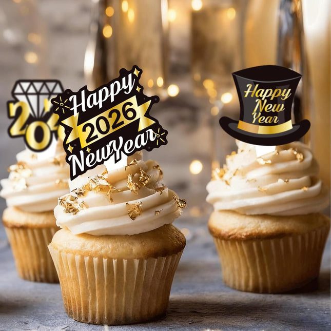 Happy New Year 2026 Cupcake Toppers – 73-Pc Black & Gold Party Supplies