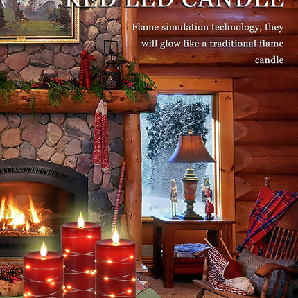 3 Pack Red Flameless Pillar Candles with Remote, Timer & String Lights