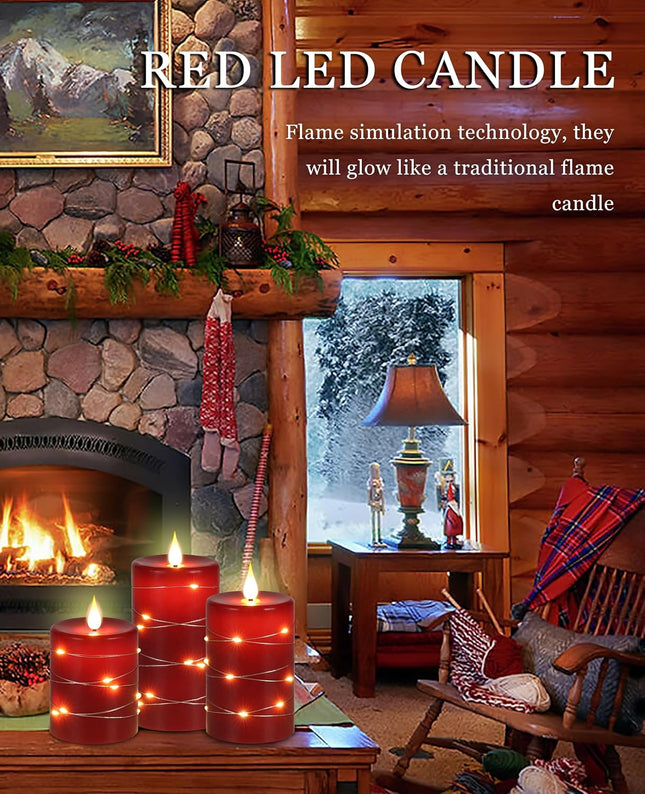 3 Pack Red Flameless Pillar Candles with Remote, Timer & String Lights
