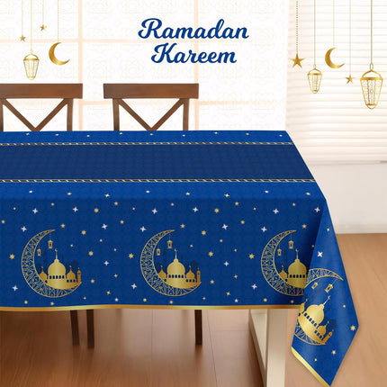 3-Pack Ramadan Tablecloths – Blue Plastic Disposable Eid Mubarak Table Covers