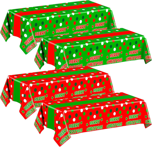 4 Pack Red & Green Polka Dot Christmas Tablecloths – 108×54″ Disposable
