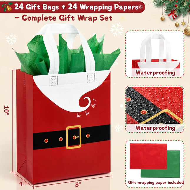 24-Pack 10" Christmas Gift Bags – Medium Reusable Totes with Tissue Paper