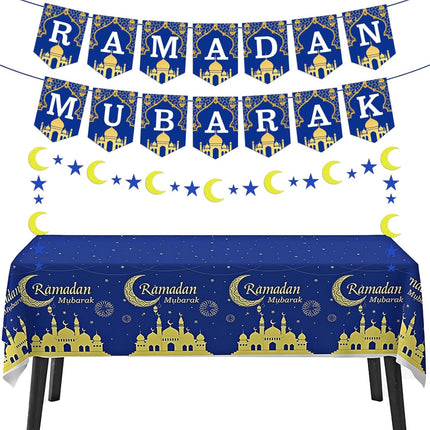 Ramadan 2026 Decorations – Fufuddz Eid Mubarak Tablecloth & Moon Star Garland