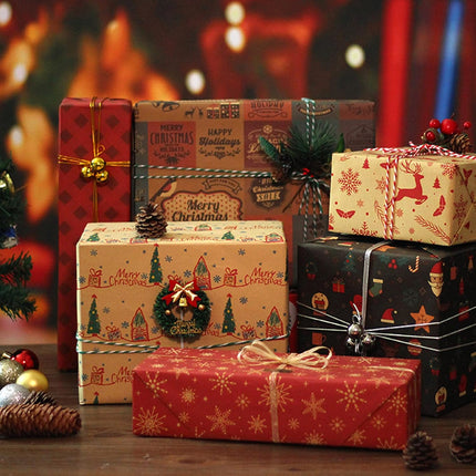 Christmas Wrapping Paper Set – 10 Kraft Sheets with 8 Stickers & Ribbon
