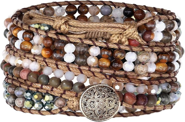 Boho Beaded Bracelets for Women – Handmade Adjustable Crystal & Natural Stone Wrap Jewelry