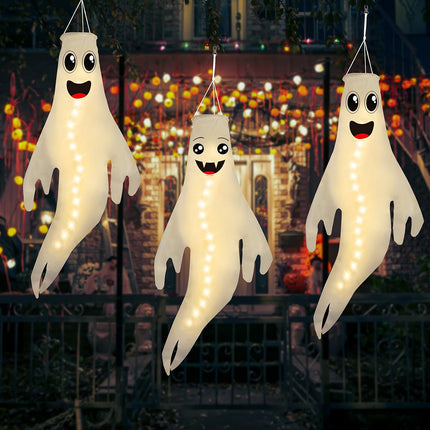 3-Pack 43in Lighted Halloween Ghost Windsocks, LED Hanging Tree & Yard Decor