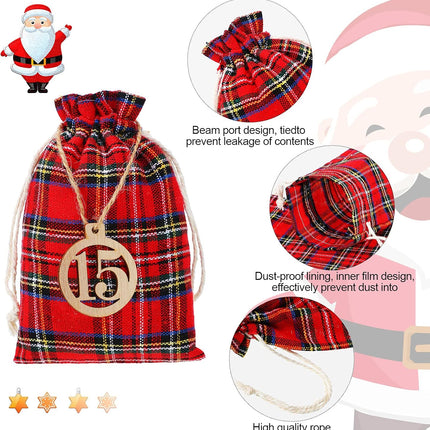 24 Days Advent Calendar 2025 Xmas Countdown Buffalo Check Drawstring Bags with 24 Pieces Wooden