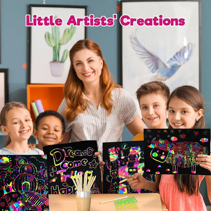 100PCS Rainbow Scratch Paper Art – Kids Crafts & Gifts for Ages 3-9