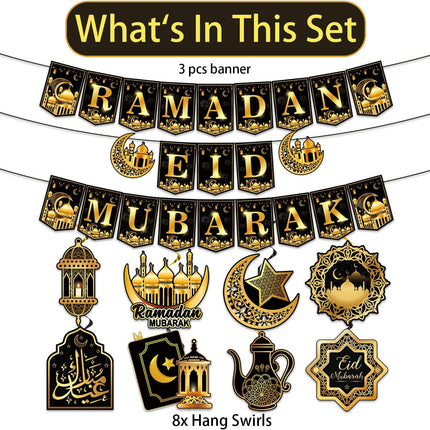 Ramadan & Eid Mubarak 2-in-1 Decoration Set – Banners & Hanging Swirls