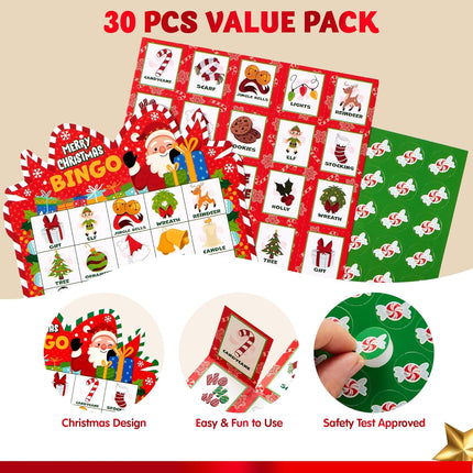 30 Players Christmas Bingo Cards – Holiday Party Game for Kids & Family