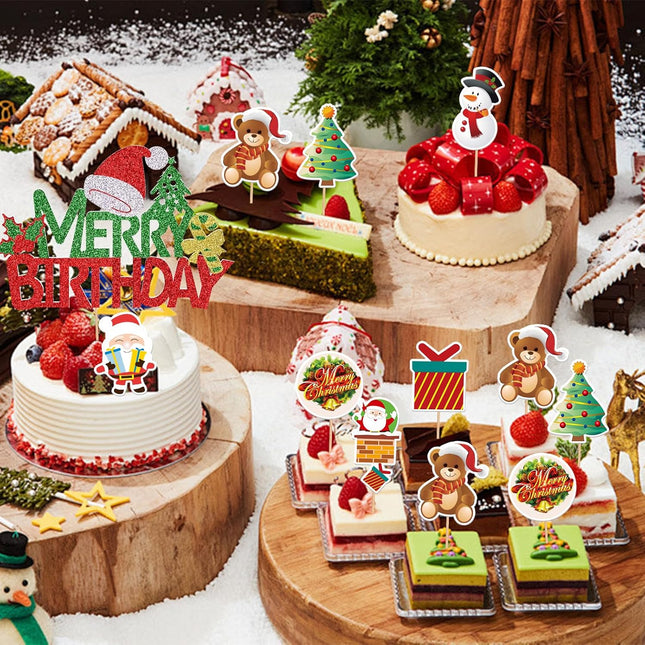 43-Pcs Christmas Cake Toppers – Glitter Santa, Snowman & Socks Cupcake Decor