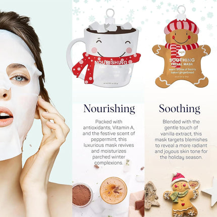 12-Pack Holiday Treat Face Masks Cocoa, Eggnog, Gingerbread & Sundae Scents