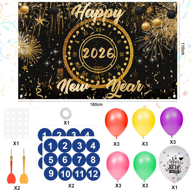 Happy New Year 2026 Party Game – Balloon Dart with Decorations & Props