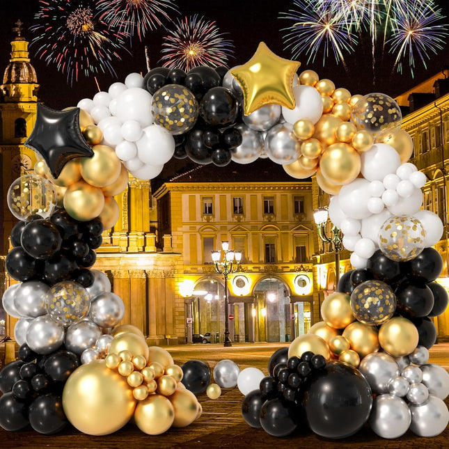 152-Pc New Year Balloon Arch Kit – Black, Gold, White & Silver Balloons