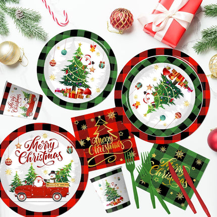 Christmas Paper Plates and Napkins, Buffalo Plaid Red & Green with Xmas Tree Design