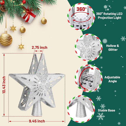Silver Star Tree Topper – Built-in LED Rotating Projector, 6 Lighting Modes