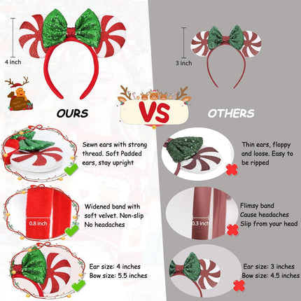 Christmas Mouse Ears Headband Holiday Ears Women & Girls, Adult Size Park & Party