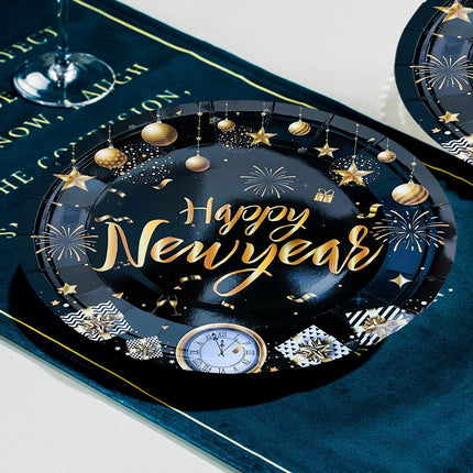 20-Piece 7in New Year Plates – Black & Gold Tableware for Party Decor