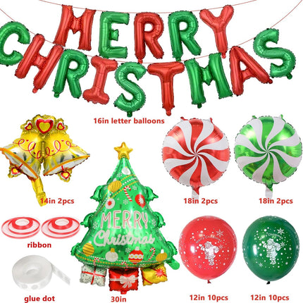 Merry Christmas Banner Balloons – Tree, Candy & Bell Balloons for Indoor/Outdoor
