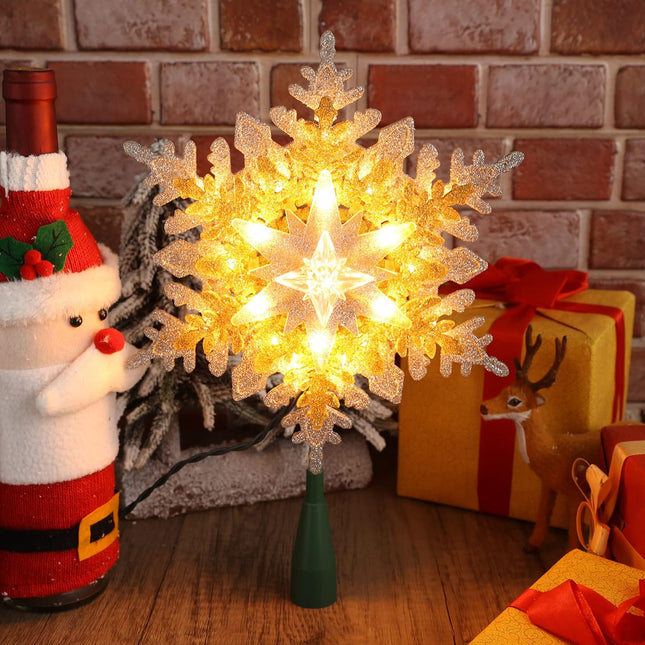 Christmas Tree Topper, 9.25” Snowflake with 20 Lights, Silver & Gold, 120V Plugin