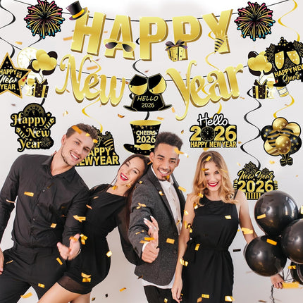 Happy New Year 2026 Party Decorations – Black & Gold Banner & Ceiling Swirls
