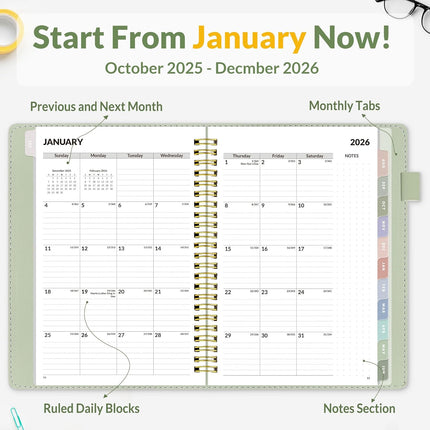 2026 Planner 12-Month – Weekly & Monthly, Vegan Leather, Pocket & Tabs