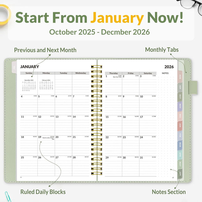 2026 Planner 12-Month – Weekly & Monthly, Vegan Leather, Pocket & Tabs