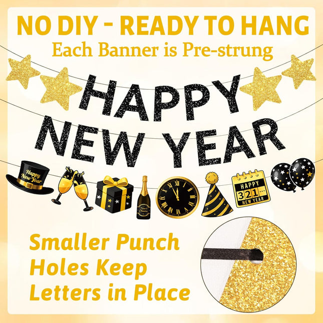 4 PCS Happy New Year 2026 Banner Black Gold Glitter Circle Star Garland