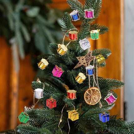 96PCS Mini Christmas Ornaments – Metallic Gift Boxes & Drum Decorations