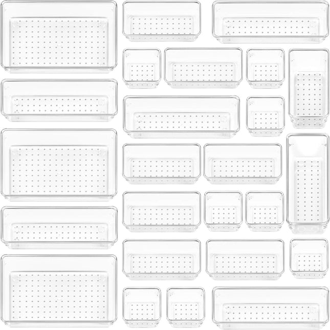 25PCS Clear Plastic Drawer Organizers – 4 Sizes for Bathroom, Kitchen, Makeup & Office Storage