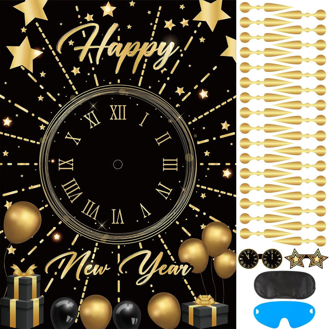 New Years Eve 2026 Countdown Game – Large Pin the Clock Poster for Kids
