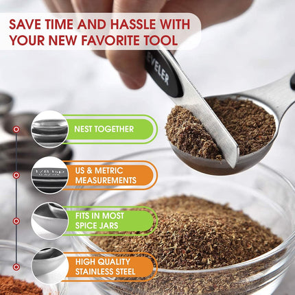 8-Piece Stainless Steel Magnetic Measuring Spoons – Heavy Duty, Black