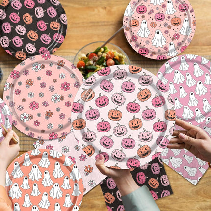 60-Piece Pink Halloween Plates & Napkins Set, Pumpkin Ghost Flower Party Tableware