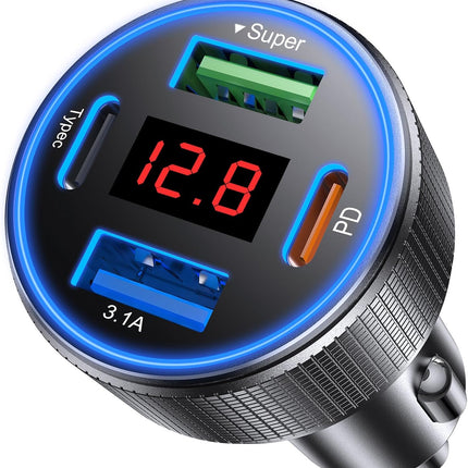 78W 4-Port USB-C Car Charger, 2 USB-C & 2 USB-A with Voltmeter, Metal Adapter