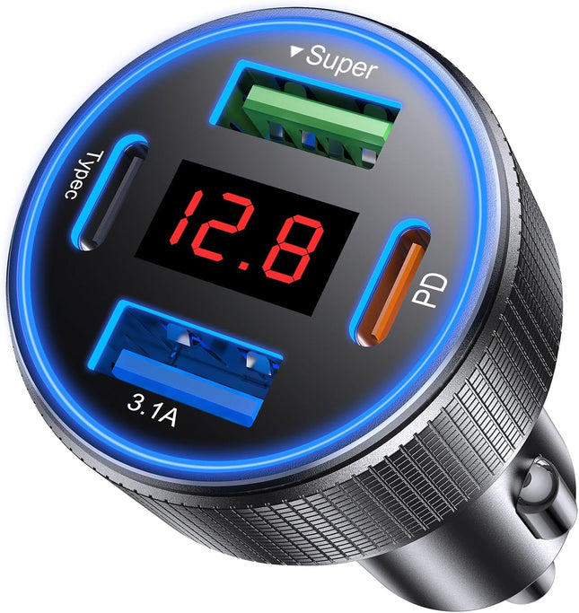 78W 4-Port USB-C Car Charger, 2 USB-C & 2 USB-A with Voltmeter, Metal Adapter