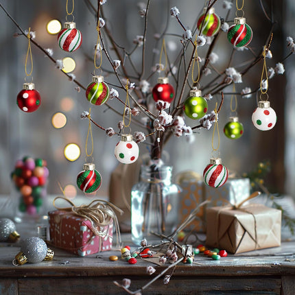 24 Pcs Christmas Glittering Elf Balls – Mini 1" Glass Ornaments with Painted Swirl Dots