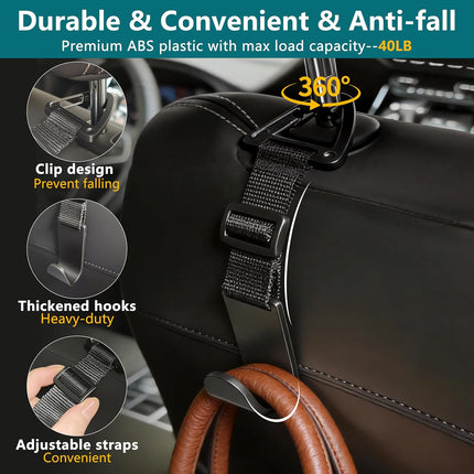 4 Pack Car Headrest Hooks, Adjustable Anti-Drop Seat Organizer, Heavy Duty Black