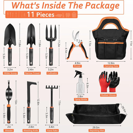 11Pcs Garden Tools Set with Tote Bag, Repotting Mat, Trowel, Rake & Pruner