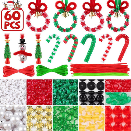 60 Sets Christmas Craft Beaded Ornament Kit – Includes 18 Wreaths & 18 Candy Canes