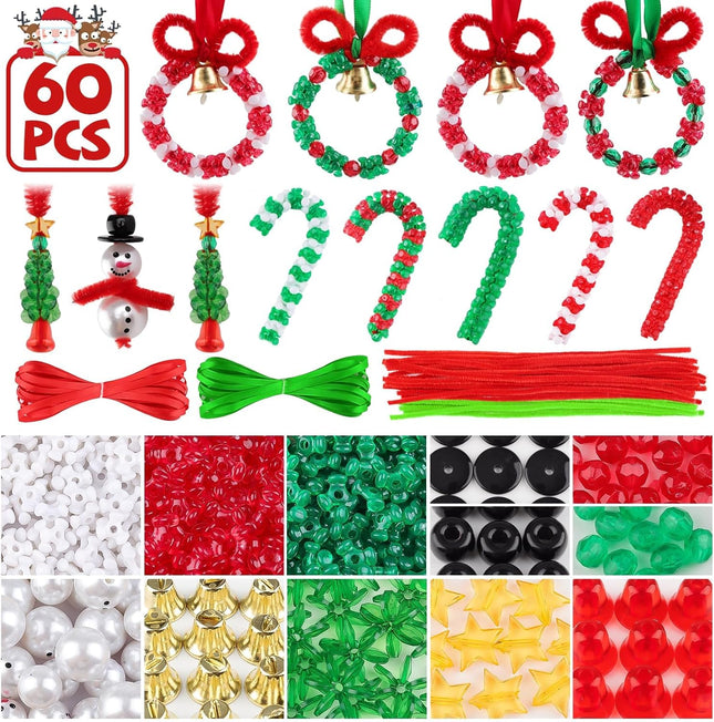 60 Sets Christmas Craft Beaded Ornament Kit – Includes 18 Wreaths & 18 Candy Canes