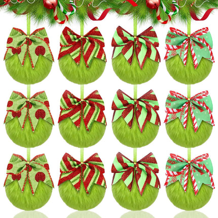 12 Pcs Furry Lime Green Christmas Ball Ornaments with Festive Red & Green Bows