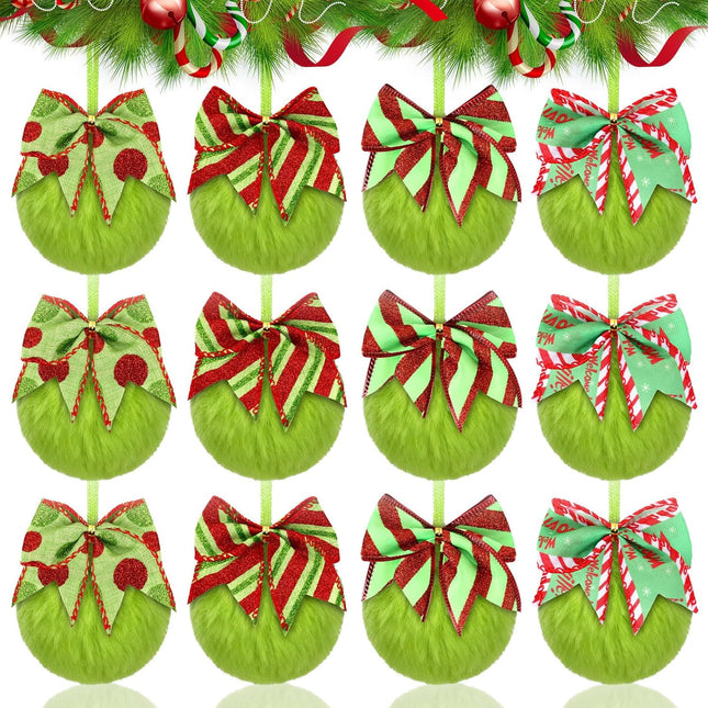 12 Pcs Furry Lime Green Christmas Ball Ornaments with Festive Red & Green Bows