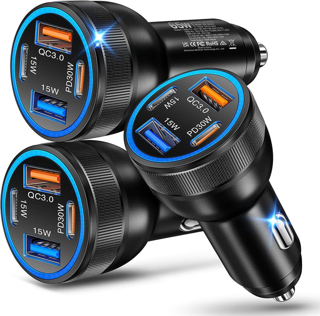 3-Pack 65W USB-C Car Charger – 4-Port Fast Charging Adapter for Phones