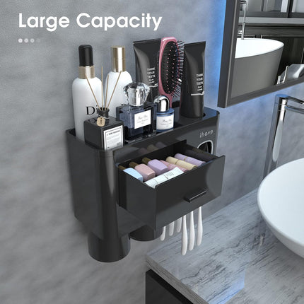Wall-Mounted Toothbrush Holder with Toothpaste Dispenser, 2 Cups, 6 Slots and Drawer