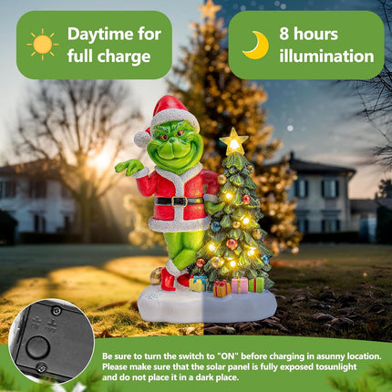 Green Monster Solar Garden Statue with Christmas Tree – Outdoor Figurine with 6 LED Lights